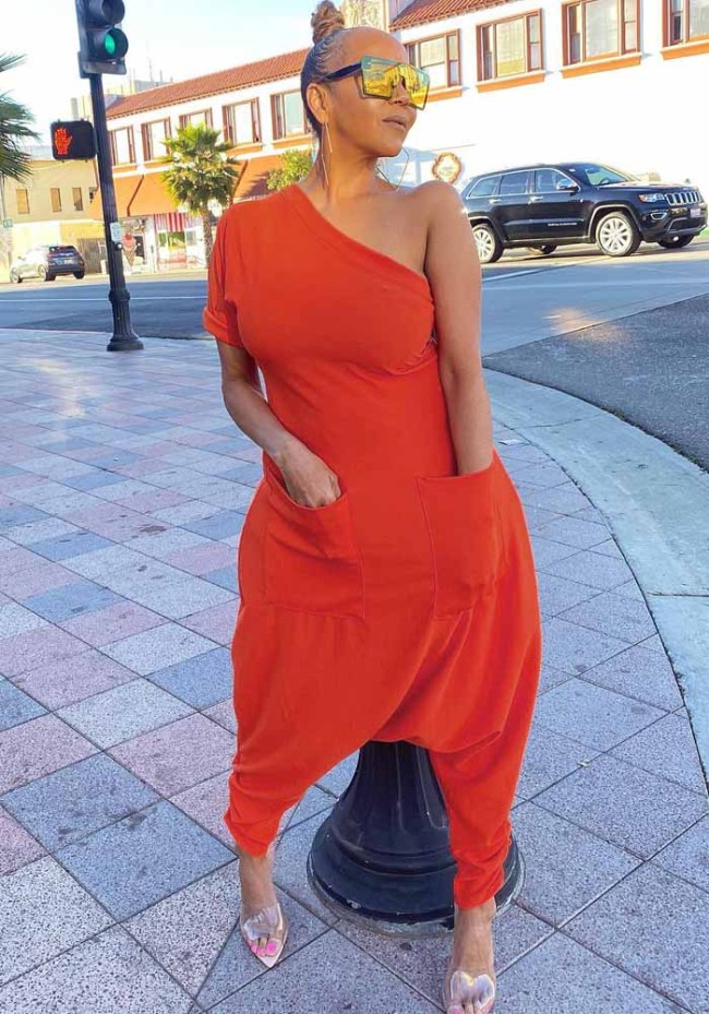 Orange Slash Neck Short Sleeves Loose Drop Crotch Jumpsuit with Pocket