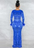 Blue Mesh Beaded O-Neck Long Sleeves Bodycon Maxi Dress