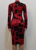 Geometric Print Red Midi Neck Long Sleeves Midi Slinky Dress
