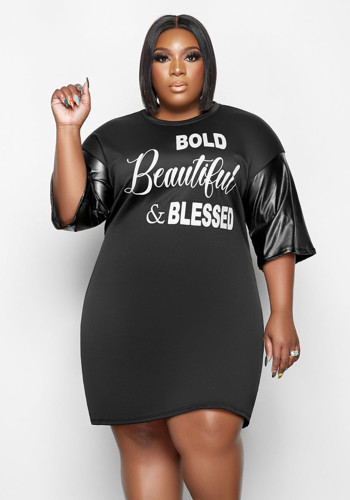Plus Size Letter Print Black Leather Patched O-Neck Half Sleeves Mini Dress