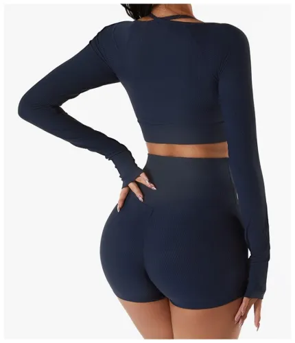 Blue Long Sleeves Yoga Crop Top with Half Gloves 