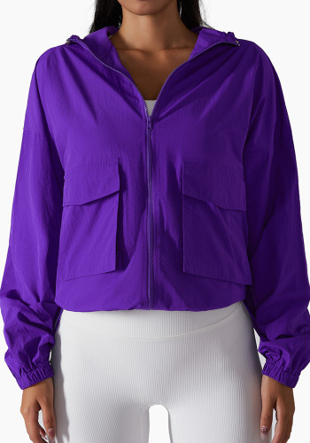 Purple Zipper Open Long Sleeves Pockets Loose Hoody Top 