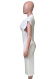 White Turndown Collar V-Neck Sleeveless Fitted Long Dress