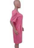 Plus Size Pink O-Neck Half Sleeves Midi Office Dress with Pocket