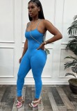 Blue Cami Sleeveless Lace Up Backless Slim Fit Jumpsuit
