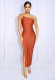 Orange Silk One Shoulder Slash Neck Sleeveless Long Dress