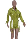 Green Zip Up Long Sleeves Patchwork Pockets Drawstring Cargo Playsuit
