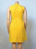 Plus Size Dot Print Yellow Knotted O-Neck Sleeveless Midi Dress