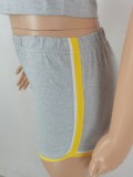 Grey O-Neck Short Sleeves Crop Top and High Waist Piping Shorts 2PCS Set
