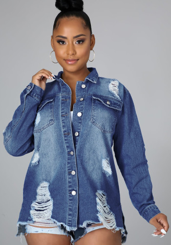 Blue Button Up Long Sleeves Ripped Pockets Denim Jacket