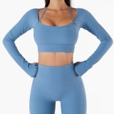Blue Long Sleeves Yoga Crop Top with Half Gloves 