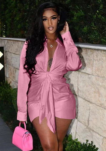 Pink Silk Turndown Collar Long Sleeves Mini Blouse Dress