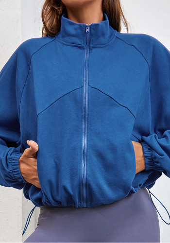 Blue Turtleneck Long Sleeves Pockets Loose Jacket 