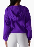 Purple Zipper Open Long Sleeves Pockets Loose Hoody Top 