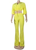 Yellow V-Neck Half Sleeves Crop Top and High Waist Pants 2PCS Set
