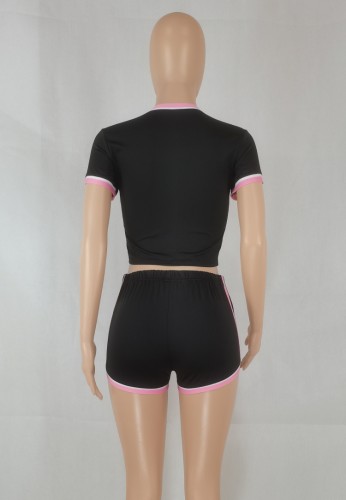 Black O-Neck Short Sleeves Crop Top and High Waist Piping Shorts 2PCS Set