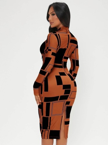 Geometric Print Orange Midi Neck Long Sleeves Midi Slinky Dress