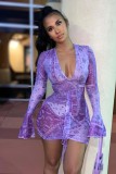 Print Purple Deep-V Flare Sleeve Translucent Mini Slinky Dress