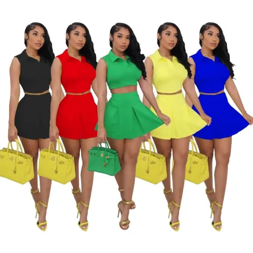 Green Button Sleeveless Crop Top and Mini Shirring Skirt 2PCS Set