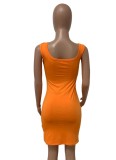 Orange Square Neck Sleeveless Midi Pencil Tank Dress 