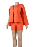 Orange Long Sleeves V-Neck Blazer and High Waist Shorts 2PCS Set