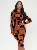Geometric Print Orange Midi Neck Long Sleeves Midi Slinky Dress