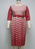 Plus Size Snake Skin Print Red O-Neck 3/4 Sleeves Midi Dress with Belt