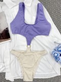 Purple and Beige O-Ring High Cut One Piece Swimsuit