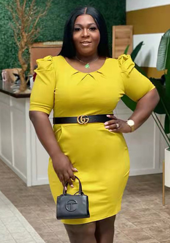 Plus Size Yellow O-Neck Half Sleeves Midi Office Dress with Pocket