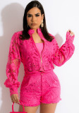 Rose Lace Zipper Open Long Sleeves Top and High Waist Shorts 2PCS Set