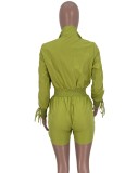 Green Zip Up Long Sleeves Patchwork Pockets Drawstring Cargo Playsuit
