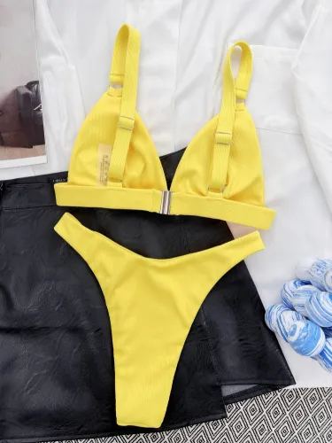 Yellow V-Neck Triangle Bra High Cut Cami Bikini Two Piece Set