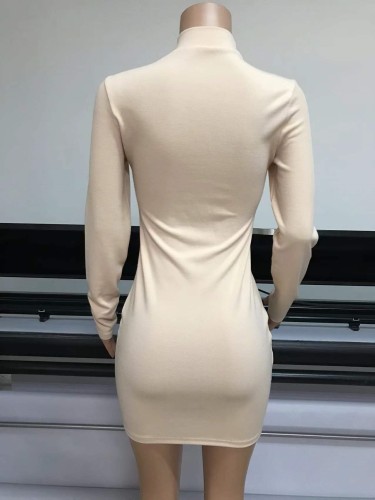 Nude Turtleneck Long Sleeves Bodycon Mini Dress