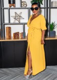 Yellow V-Neck Short Sleeves Pockets Slit Maxi Dress