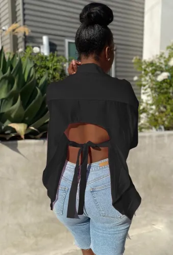 Black Turndown Collar Open Back Long Sleeves Button Blouse