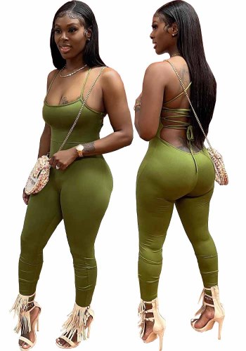Green Cami Sleeveless Lace Up Backless Slim Fit Jumpsuit