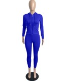Blue Zip Long Sleeves Hoody Top with Pocket and High Waist Pants 2PCS Set 