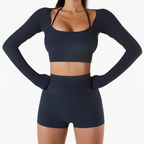 Black Long Sleeves Yoga Crop Top with Half Gloves 