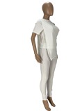 White O-Neck Short Sleeves Irregular Top and High Waist Pants 2PCS Set
