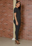 Black O-Neck Short Sleeves Irregular Top and High Waist Pants 2PCS Set