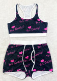 Print Black Sport Sleeveless Tank Crop Top and High Waist Shorts 2PCS Sets 