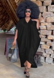 Plus Size Black Silk V-Neck Short Sleeves Loose Long Dress