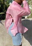 Pink Turndown Collar Open Back Long Sleeves Button Blouse
