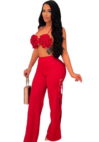 Red Ruffle Halter Cami Bra and High Waist Lace Up Pants 2PCS Set