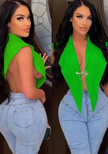 Green Turndown Collar Sleeveless Irregular Shirt with Pin