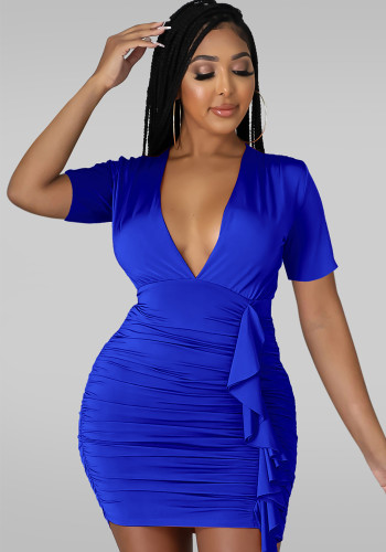 Dark Blue V-Neck Short Sleeves Shirring Mini Slinky Dress 