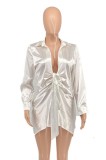 White Silk Turndown Collar Long Sleeves Mini Blouse Dress