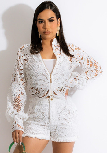 White Lace Zipper Open Long Sleeves Top and High Waist Shorts 2PCS Set