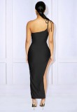 Black Silk One Shoulder Slash Neck Sleeveless Long Dress