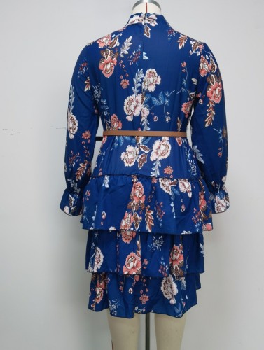Floral Print Blue Turtleneck Long Sleeves Midi Layered Dress with Belt